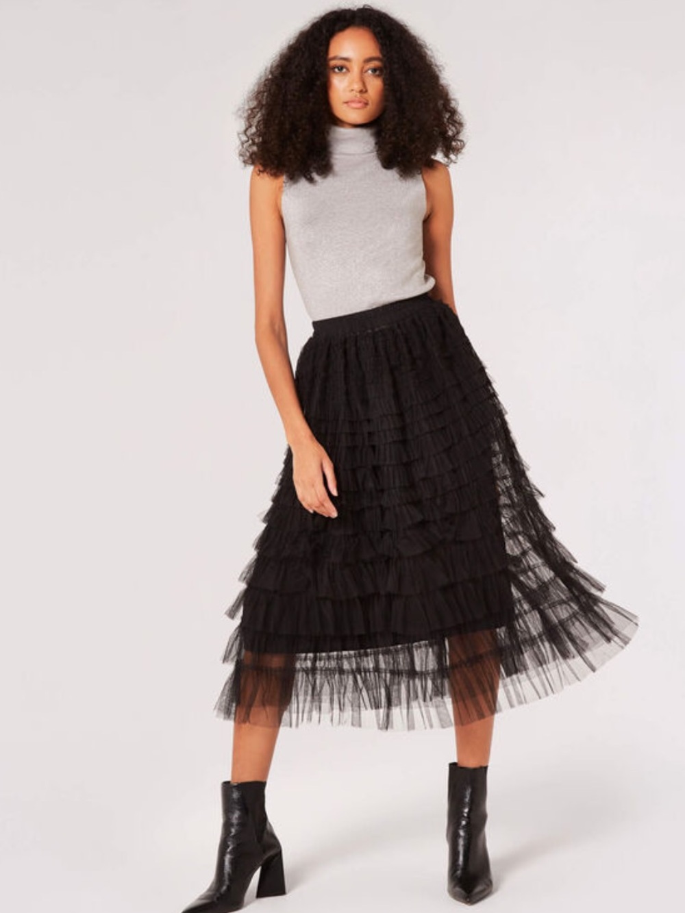 APRICOT Black Tiered Tulle Maxi Skirt